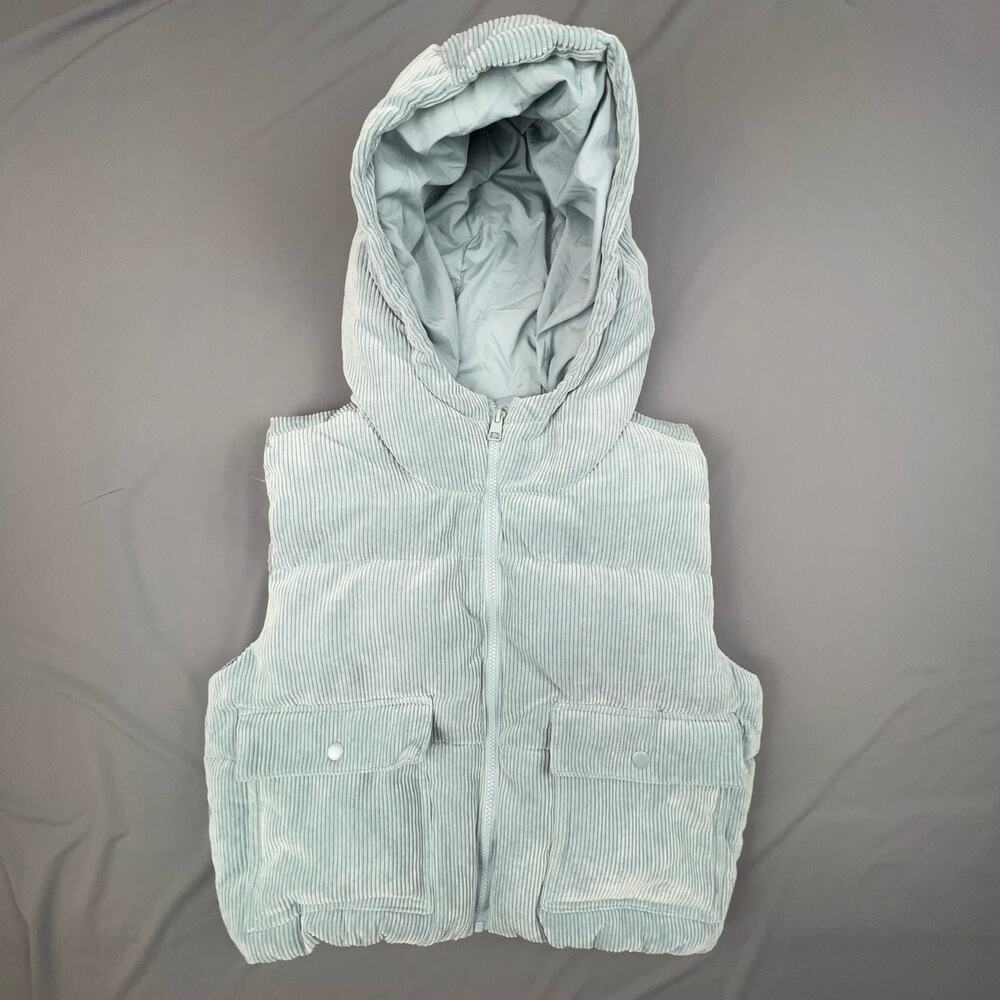 Love Tree Blue Corduroy Puffer Vest Women’s Large Hooded Winter Layer